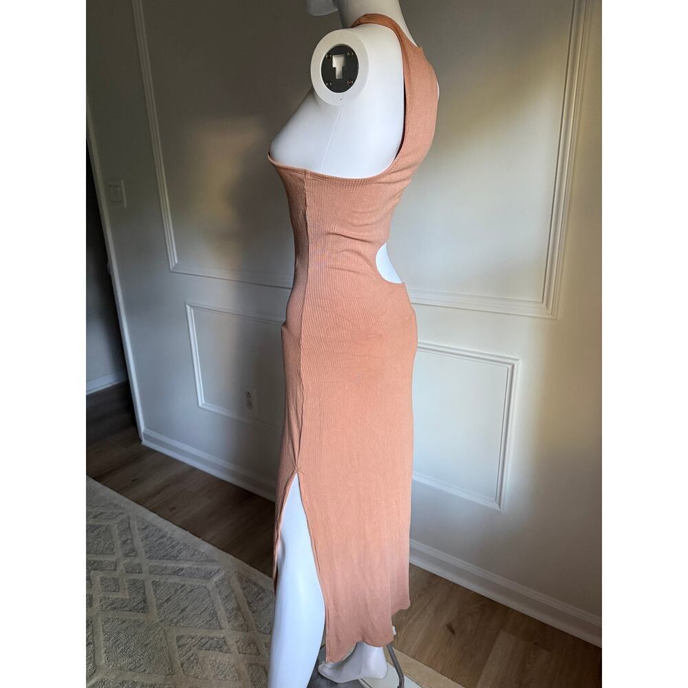 Abercrombie Fitch Asymmetrical Cutout Ribbed Midi Dress Tan Beige Nude Summer S - Picture 3 of 6